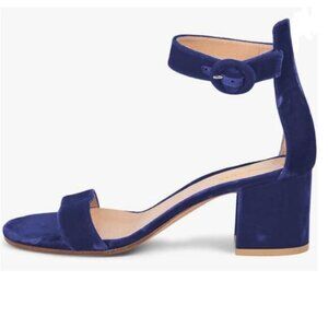 XYD Royal Blue Velvet Open Toe Strappy Block Heel Sandal Ankle Strap with Buckle